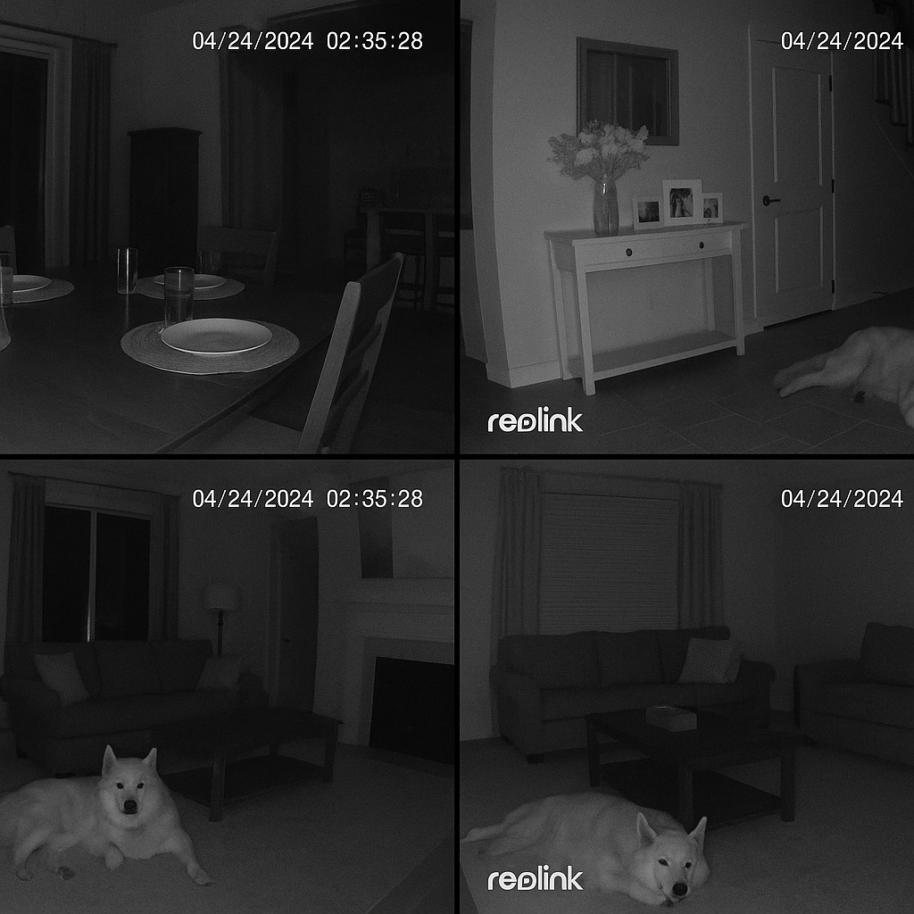 Reolink fisheye camera night vision view showing lounge, dining room, and landing with our Malamute Ice